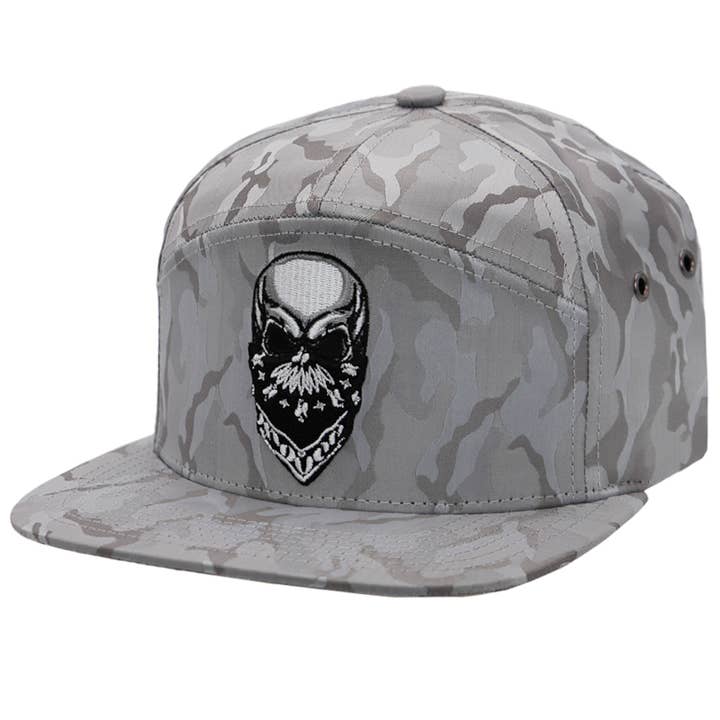 Cap Zone - Wholesale Flat Brim Cap - Men's - Rebellious Biker Skull Camo 7 Panel Snapback3