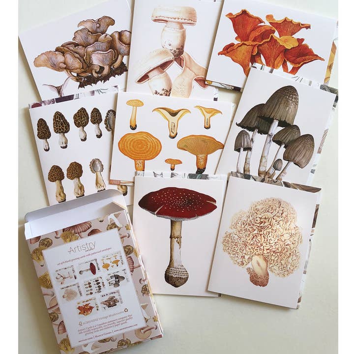 Artistry Cards - Wholesale Stationery/Notecard Set - Boxed Set of 8 Vintage Mushroom Greeting Cards