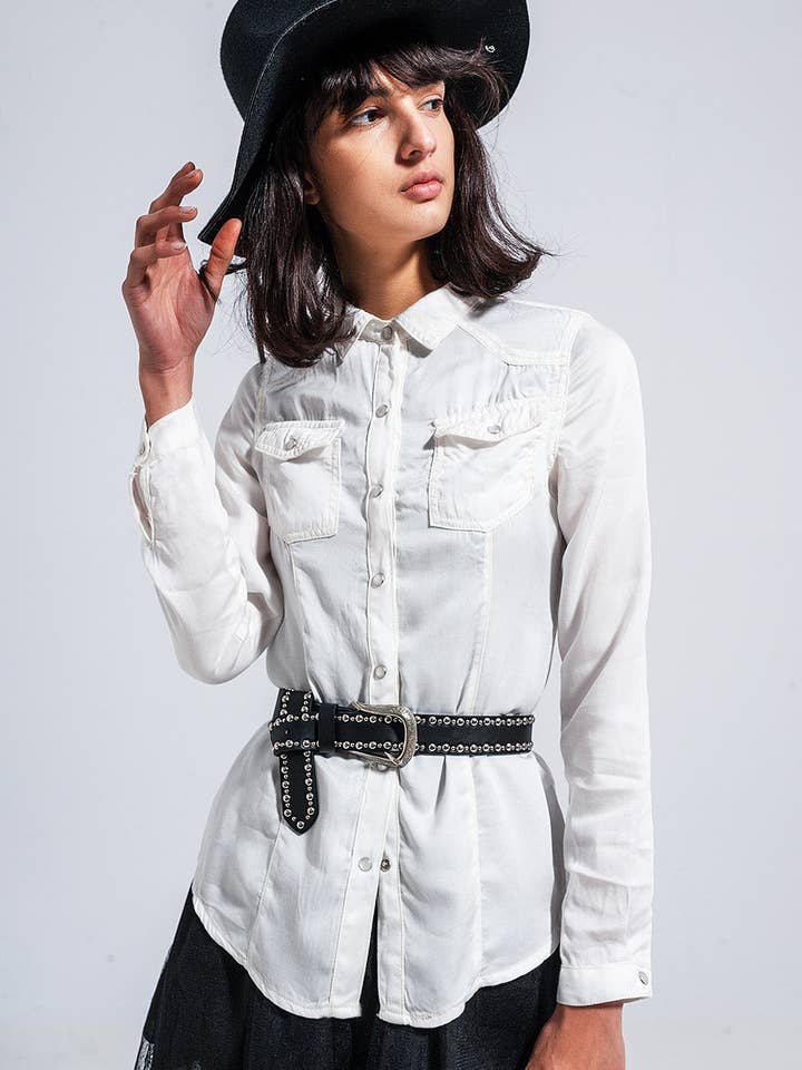 Bianco Camicia slim in denim bianco in vendita all'ingrosso su Faire5