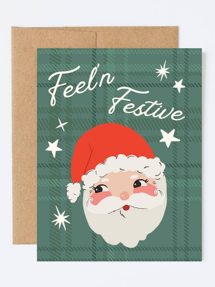 Feel'n Festive Vintage Santa Christmas Card Blank A2 for wholesale by Party & Parlour