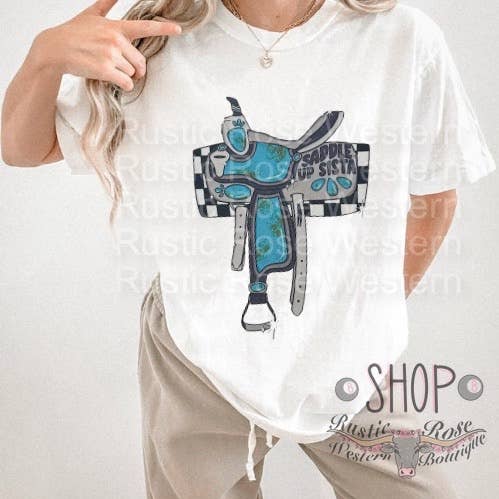 Saddle up sista tee for wholesale by Rustic Rose Western Boutique
