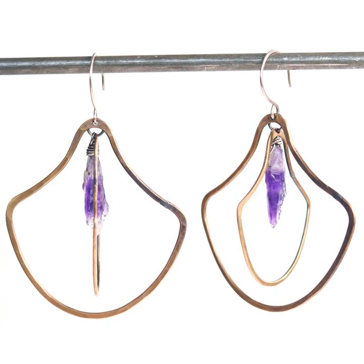 Brass Double Doorknocker Earrings with Amethyst for wholesale by Creature's Virtue