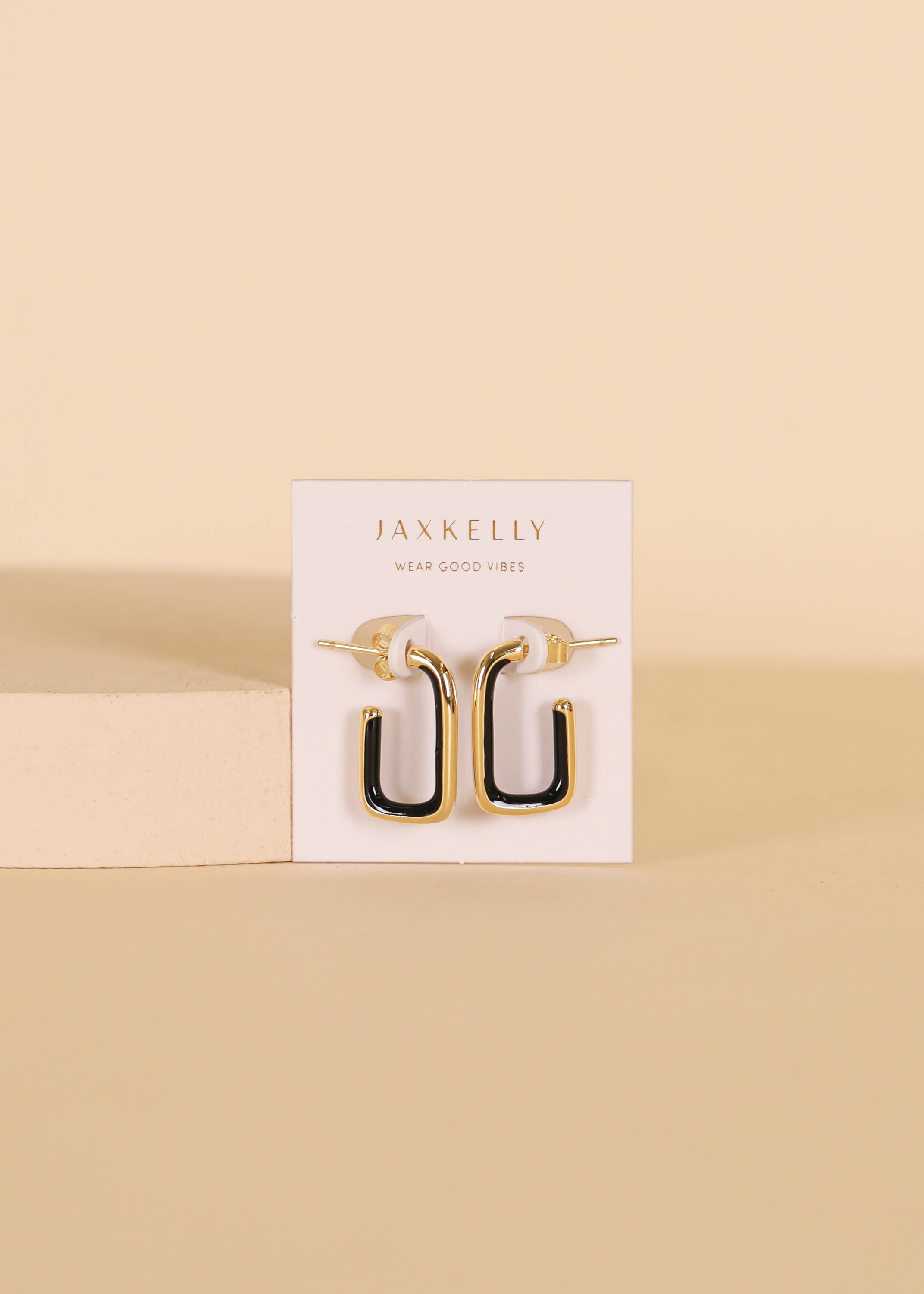 JaxKelly - Wholesale Hoop Earrings - Black Enamel Large Rectangle Gold Hoop Earrings1