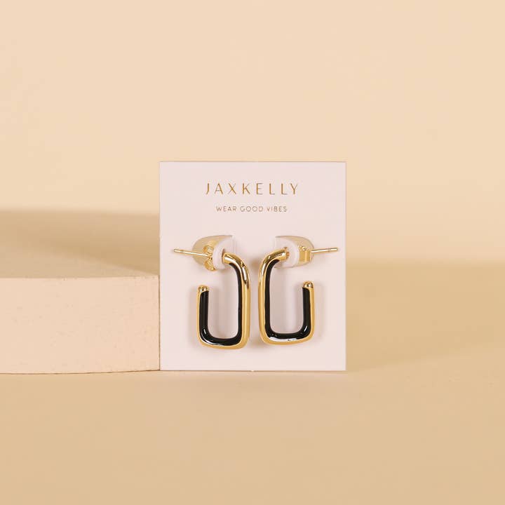 JaxKelly - Wholesale Hoop Earrings - Black Enamel Large Rectangle Gold Hoop Earrings1