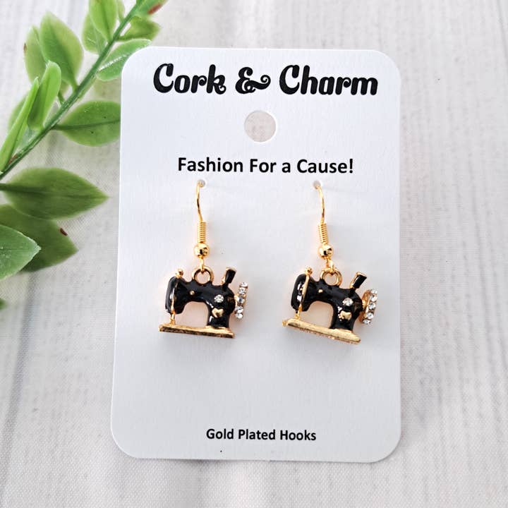Black 3D Sewing Machine Gold Earrings for wholesale by Cork and Charm