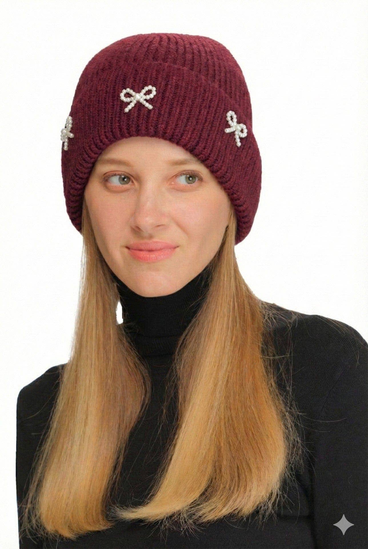 MiMi Wholesale - Wholesale Beanie - Women's - HTE0148 Three Pearl Bow Charm Cuff Beanie6