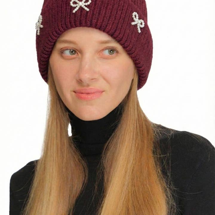 MiMi Wholesale - Wholesale Beanie - Women's - HTE0148 Three Pearl Bow Charm Cuff Beanie6