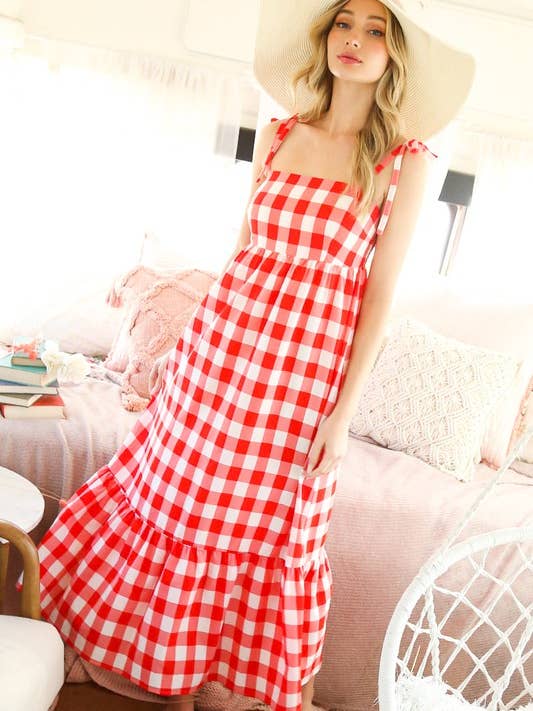 Shoulder Strap Ruffle Hem Gingham Print Maxi Dress VD81066 for wholesale by Vine & Love