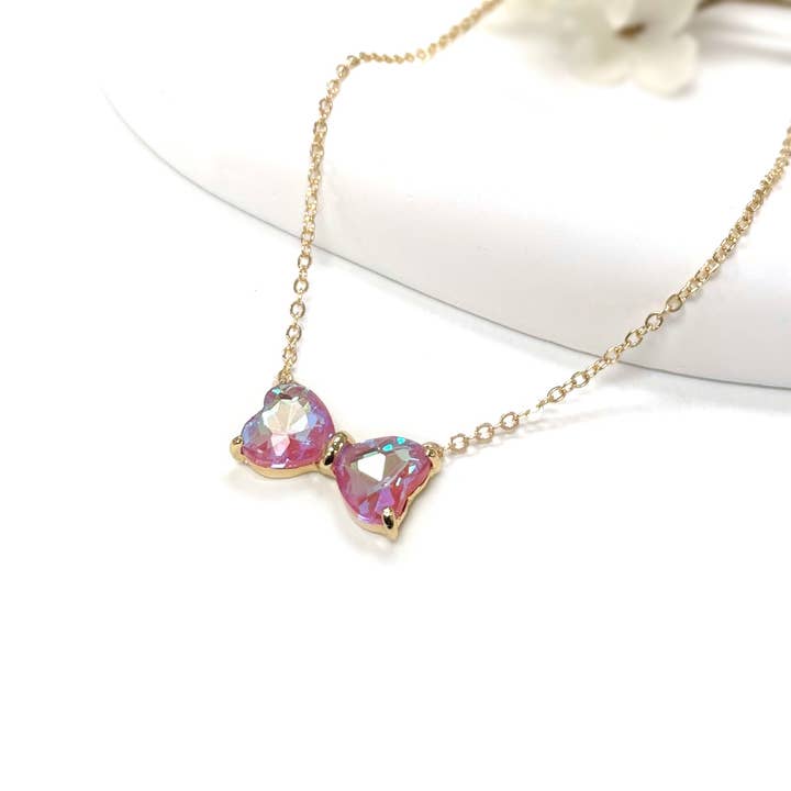 StarryNYC - Wholesale Pendant/Charm Necklace - Bow Shape Heart Glass Crystal Pendant w/ 235 Chain Necklace