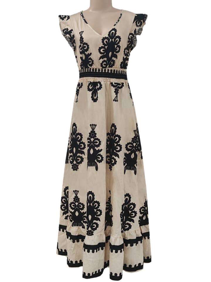 Rosa Clothing - Wholesale Dress - Women's - Boho Ethnic Print Ruffled Sleeve V-Neck Dress