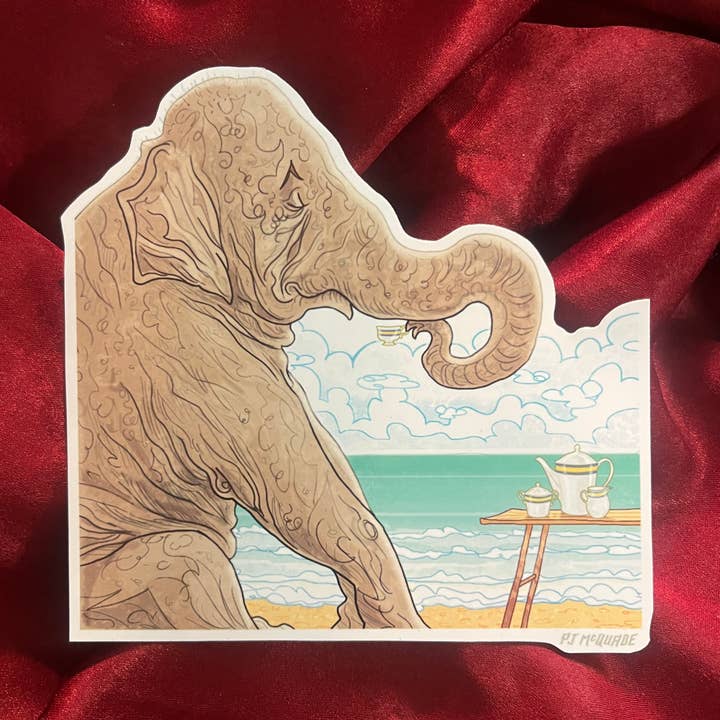 ELEPHANT DRINKING TEA Waterproof STICKER for wholesale by Castle McQuade