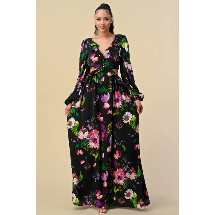 The Sang - Vente Robe – femme - SD3100520-2 - ROBE LONGUE À COL EN V PROFOND À IMPRIMÉ FLORAL