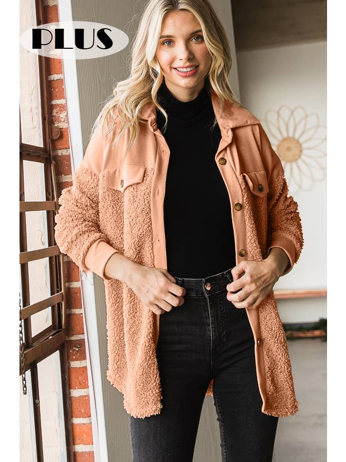 7th Ray - Wholesale Shirt Jacket/Shacket - Women's - Cozy Faux Fur Button Down Pocket Teddy Shacket T4958XL