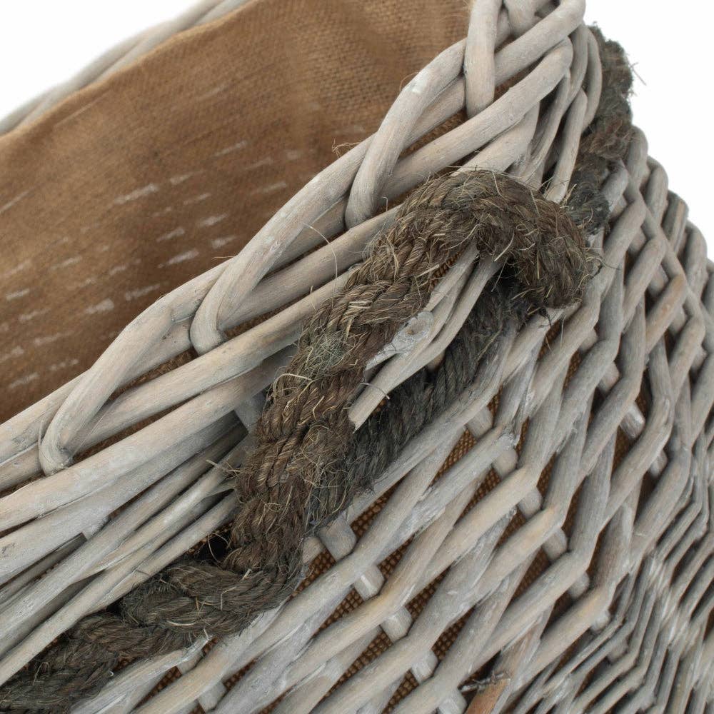 Red Hamper - Wholesale Basket - Wicker Grey Wash Round Hessian Lined Log Basket2