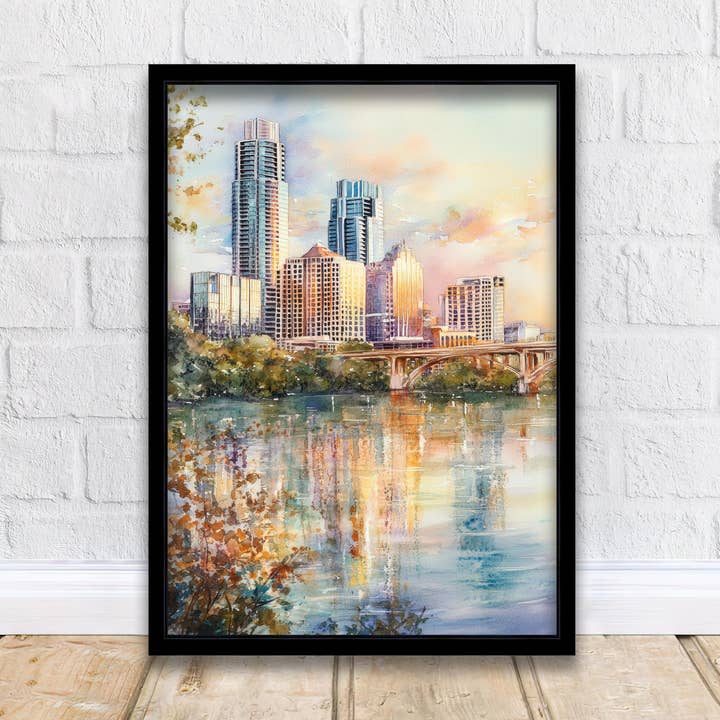 Pintura em Aquarela de Austin, Texas Arte do Horizonte de Austin Pôster do Texas Decoração de Paisagem Urbana Cênica por atacado de InkNPrintz