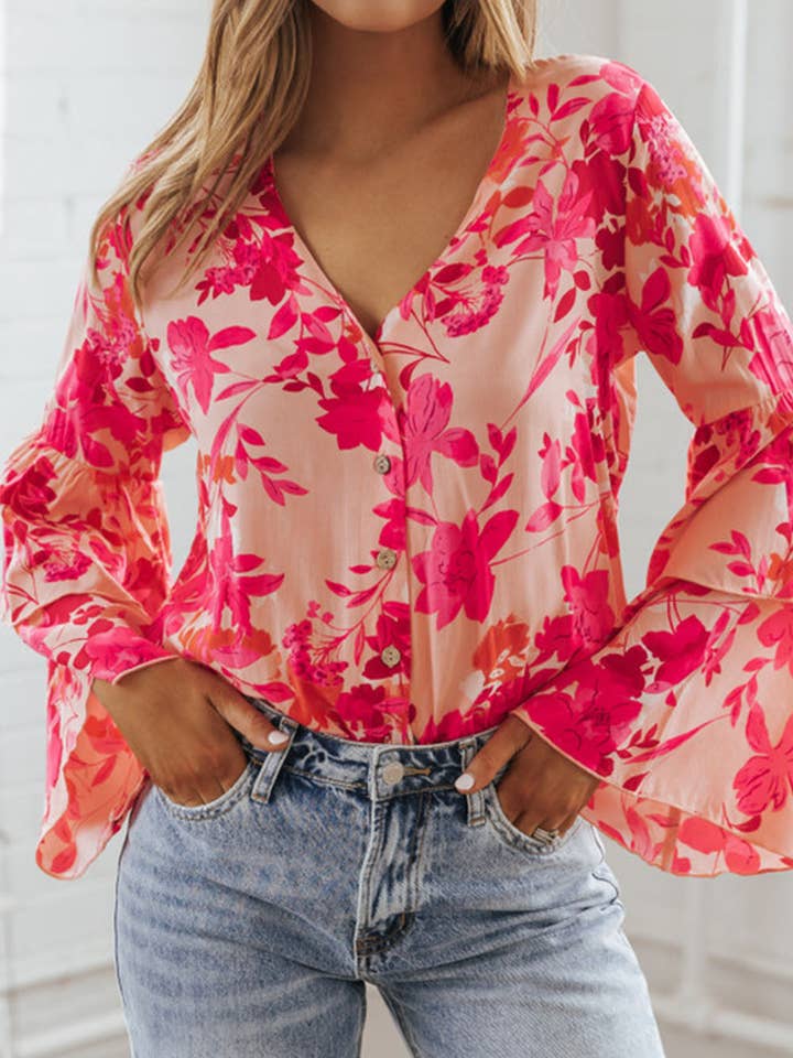 Pink Floral Print Tiered Bell Long Sleeve Buttoned Bodysuit for wholesale on Faire