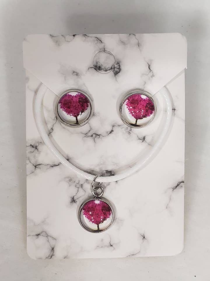 Conjunto Colar e Brincos Rosa Árvore da Vida por atacado de emrac boutique