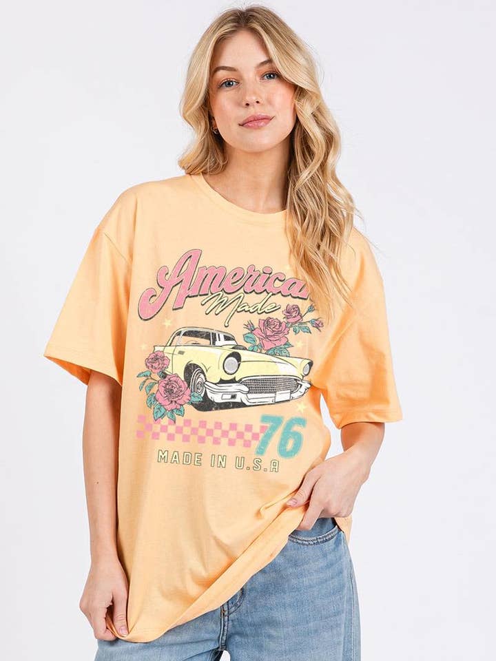 American Made 76 Muscle Car Graphic Oversized Cotton Box Tee for wholesale by Zutter