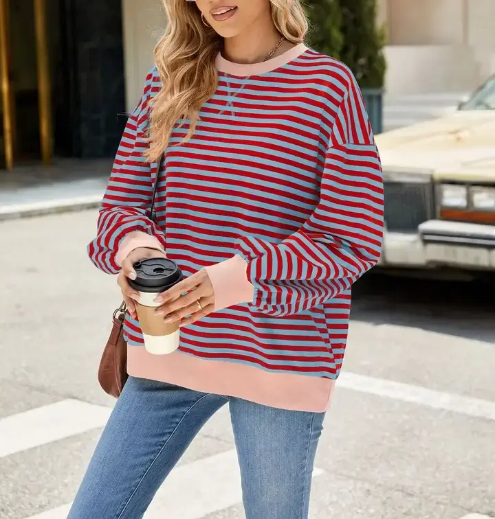 Lovesoft - Wholesale Knit Sweater - Women's - Striped Crew Neck Contrast Color Loose Long Sleeve Sweater22