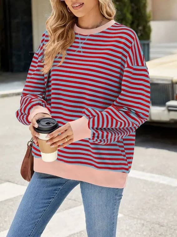 Lovesoft - Wholesale Knit Sweater - Women's - Striped Crew Neck Contrast Color Loose Long Sleeve Sweater20