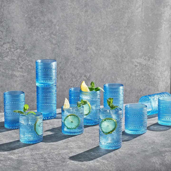 The Wine Savant / Khen Glassware - Wholesale Cocktail/Liquor Glass - Blue Hobnail Glasses, 12 Set, 6x Low 11OZ + 6x High 12OZ