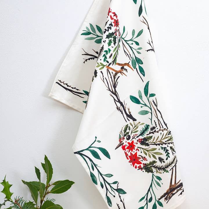 Poinsettia Robin Tea Towel for wholesale by Sarah Leask Studio