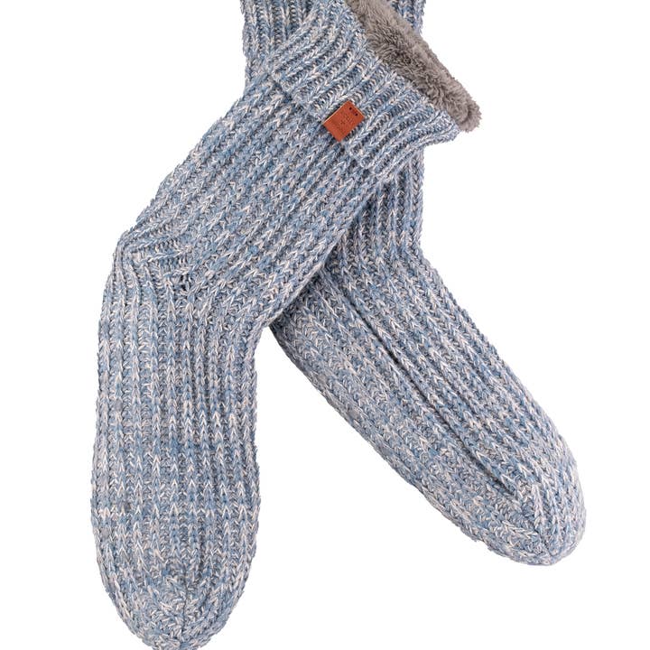 1004-20-11 LINED SLIPPER SOCKS RETRO BLUE TWIST for wholesale by BICKLEY + MITCHELL AMSTERDAM