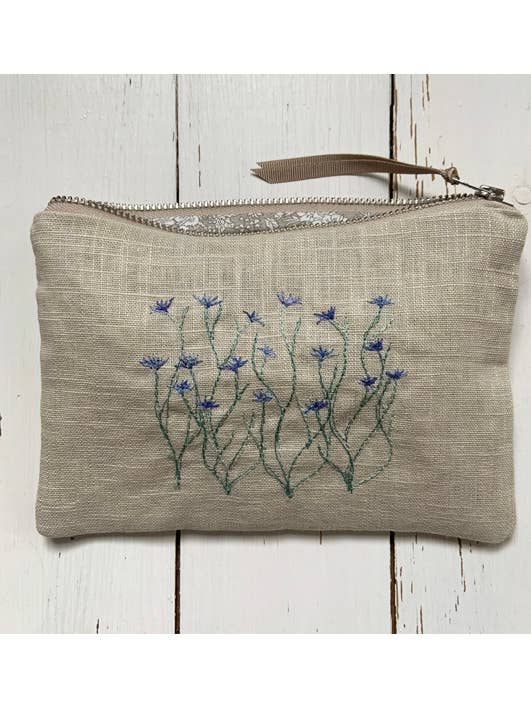 Cornflower Embroidered Linen Pouch for wholesale by Sarah Becvar Design