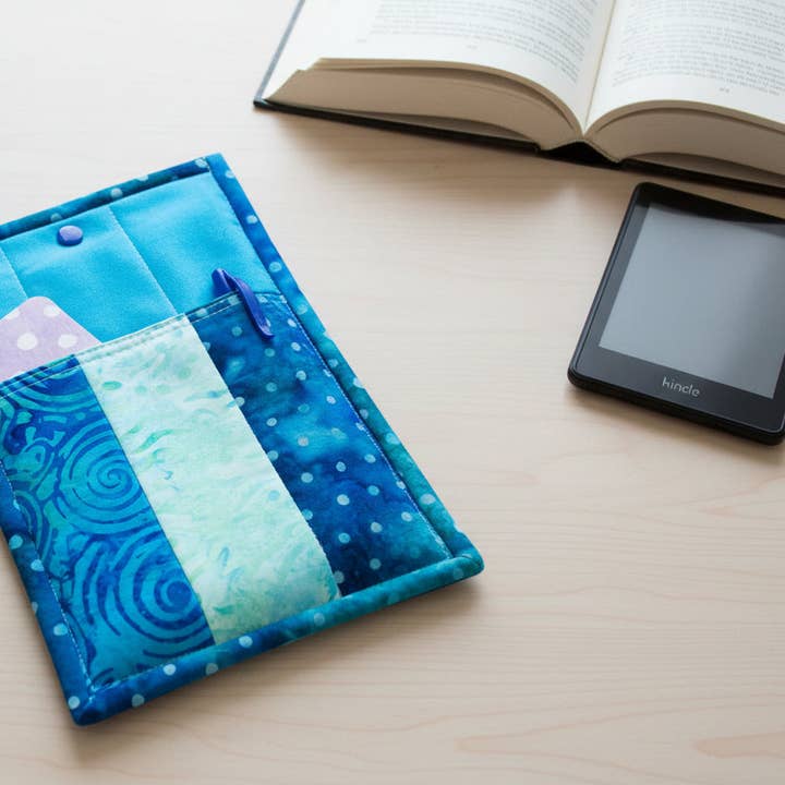 Quilted Tablet Sleeve or Book Sleeve Snap Closure - Teal Batiks - Beach Vibes - Book Cozy - Handmade - Small - 6.5" x 9.5" for wholesale by Ann Gregory Designs