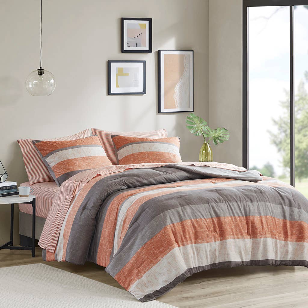 Olliix - Wholesale Bedding Set - Stripe Modern Comforter Set with Bed Sheets, Coral/Grey7