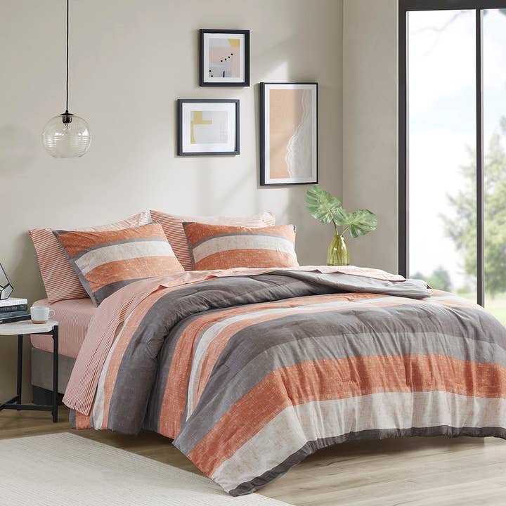 Olliix - Wholesale Bedding Set - Stripe Modern Comforter Set with Bed Sheets, Coral/Grey7