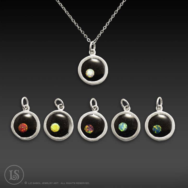 Black Sand and Opal Pendants, Fine Silver for wholesale by Liz Sabol Jewelry Art