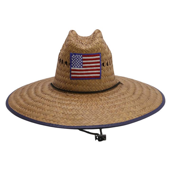 NATURAL NAVY BLUE American Flag Patch Vented Straw Lifeguard Hat for wholesale on Faire