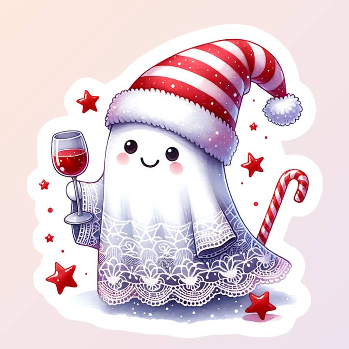 Holiday Ghost Wine klistermärken, söta julspöklistermärken för wholesale av Sorry Not Sorry Co