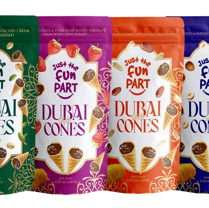 Just the Fun Part - Wholesale Chocolate Covered Sweets - Variety Pack-Dubai Cones Pistachio, Strawb, Peanut, Hazelnut0