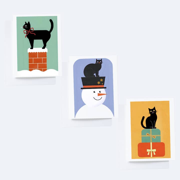 Box Set of 6 Black Cat Minimalist Christmas Notecards for wholesale by Cryptic Paper Co.