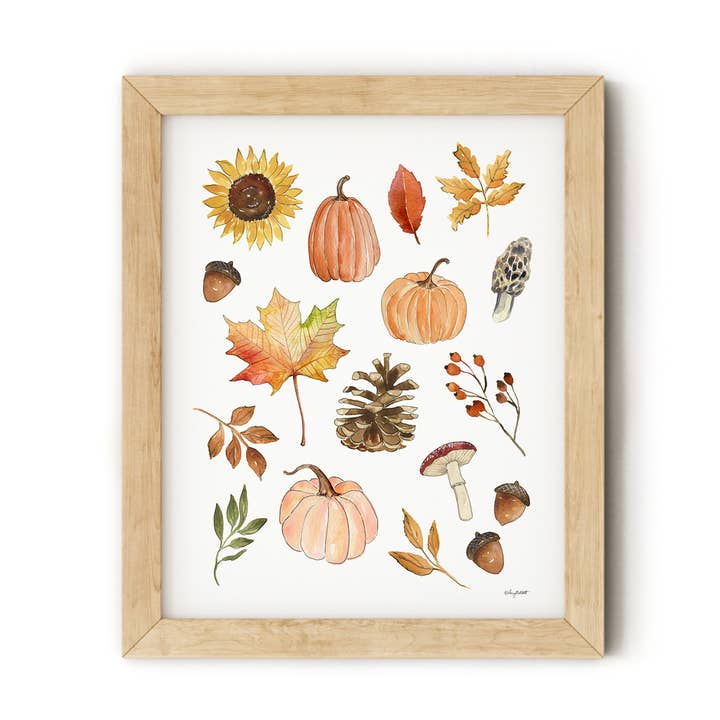 Abóboras e folhas de outono em aquarela - Nature Wall Art por atacado de KelseyMDesigns