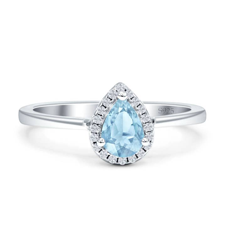 Pæreformet Tåreformet Halo Akvamarin CZ Solitaire Ring for engroshandel hos Blue Apple Imports