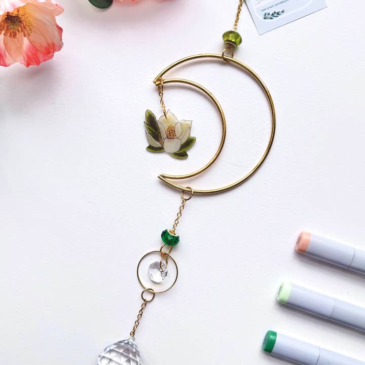 D. Prince Designs - Wholesale Suncatcher - Handmade + Hand-Illustrated Southern Magnolia Flower Suncatcher with Green Beads