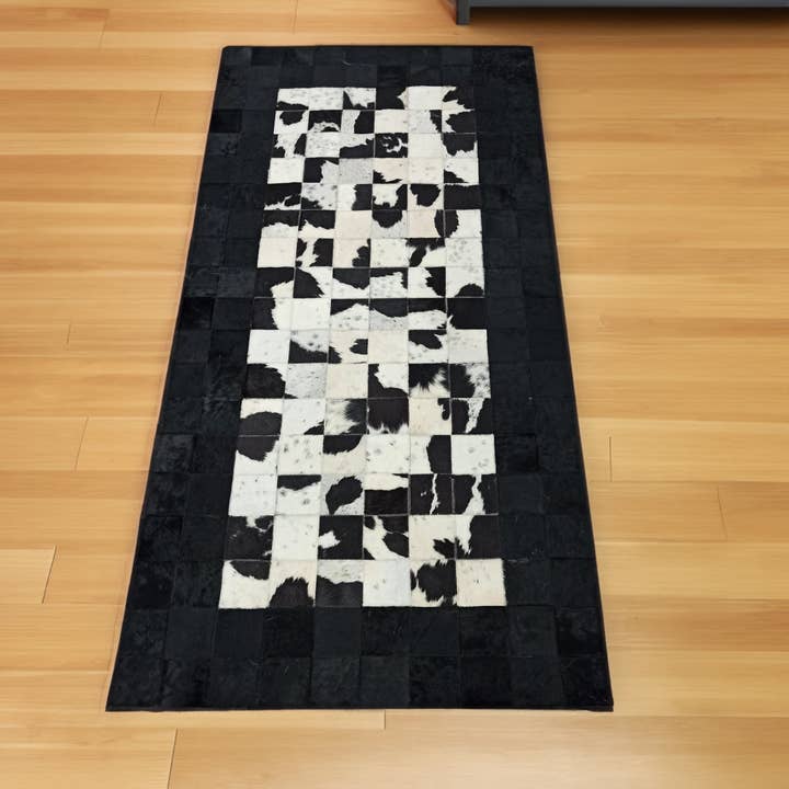 Black White Patchwork Cowhide Home Decor Hallway Runner Rug for wholesale by Rosoc Rug