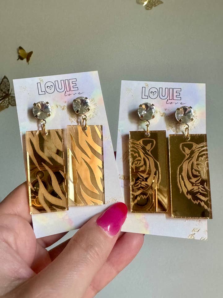 Gold Acrylic Tiger Face Rectangle Football Gameday Earrings for wholesale by Louie Love
