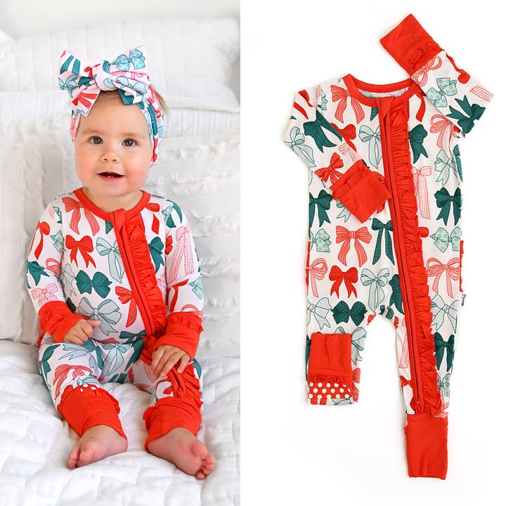 Belle Bows RUFFLE ZIP Christmas Bamboo Baby One Piece Outfit for wholesale by Gigi and Max