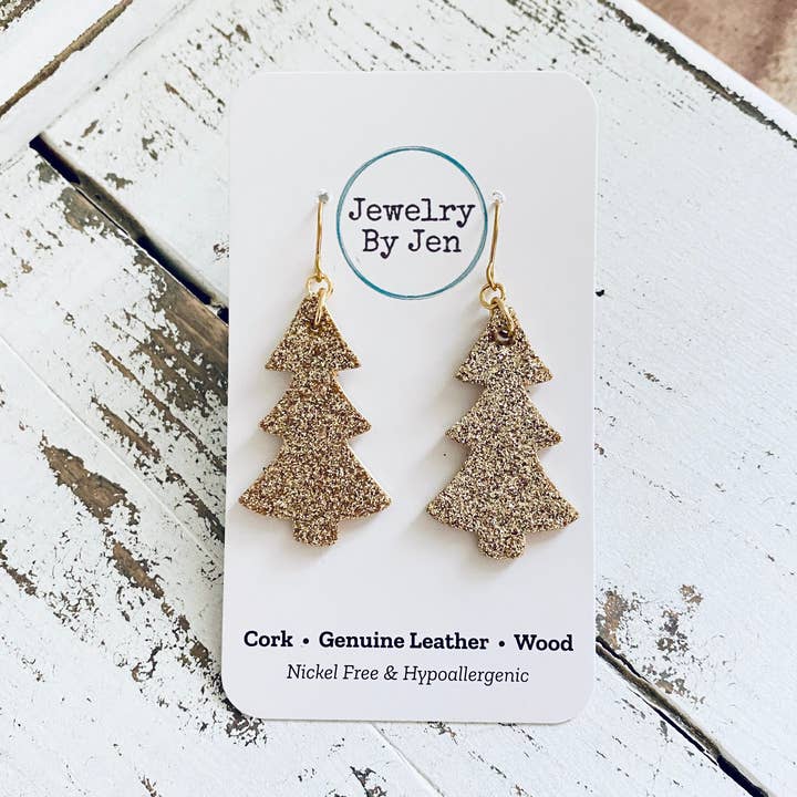 Jewelry By Jen - Wholesale Dangle Earrings - Christmas Tree Earrings: Gold Fine Glitter0