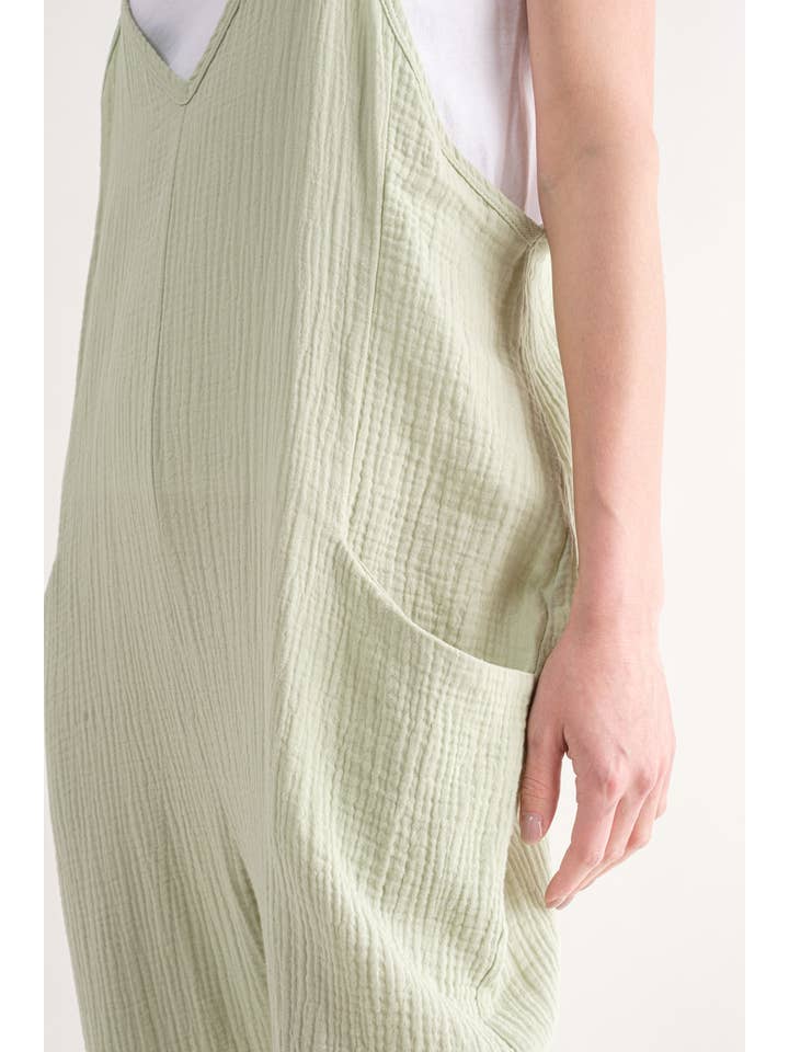SAGE Casual Cotton Puff V-Neck Jumpsuit WMJ2892 for wholesale on Faire