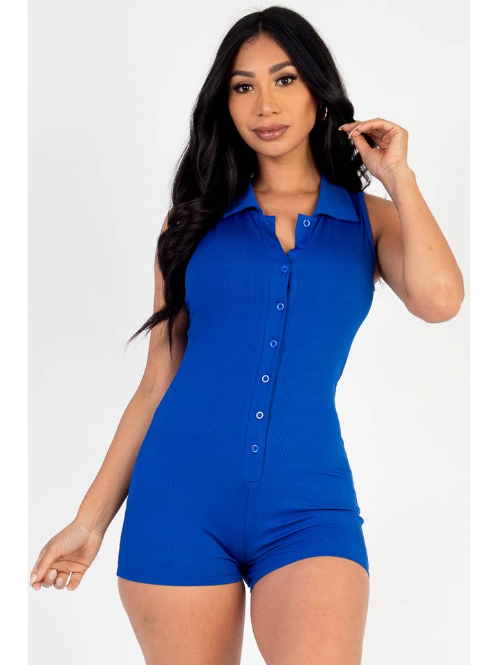 CAPELLA APPAREL - Wholesale Romper - Women's - Ribbed Knit Sleeveless Button Front Romper