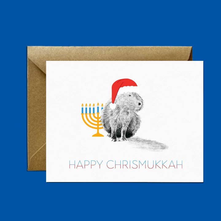 Capybara Chrismukkah — Hanukkah + Christmas Greeting Card for wholesale by Mitzi Bitsy Spider