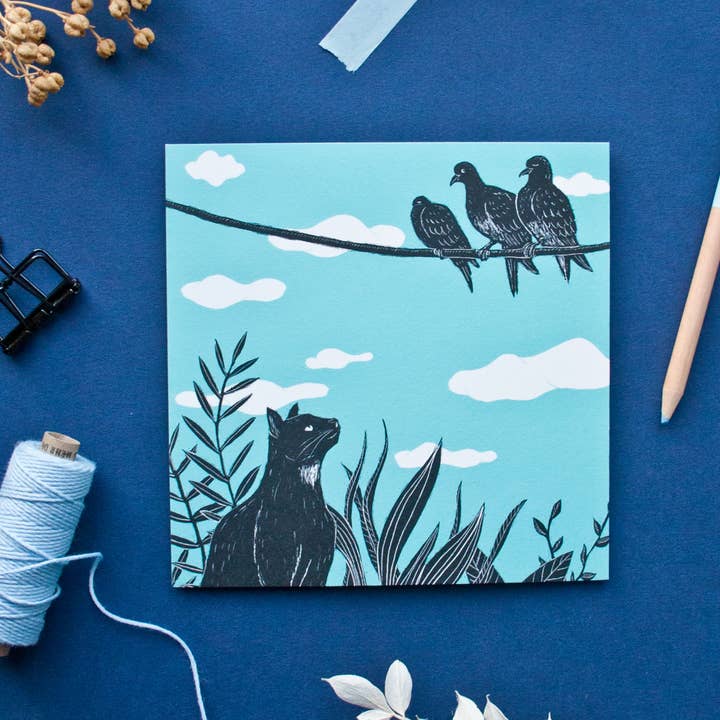 Postcard Cat & Pigeons in square format for wholesale by Katja Rub
