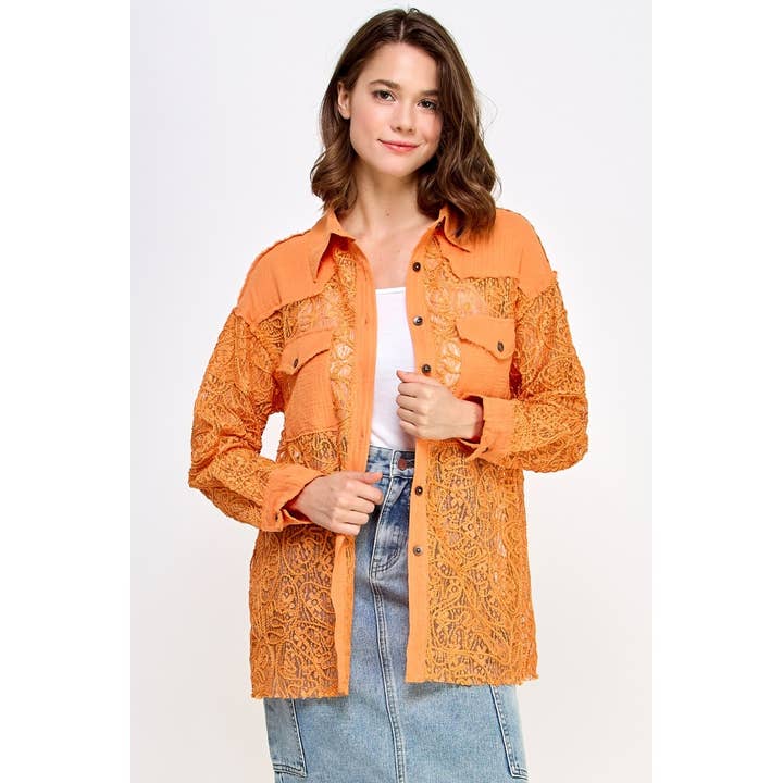 Embroidered Lace See Through Gauze Shirt for wholesale by Veveret