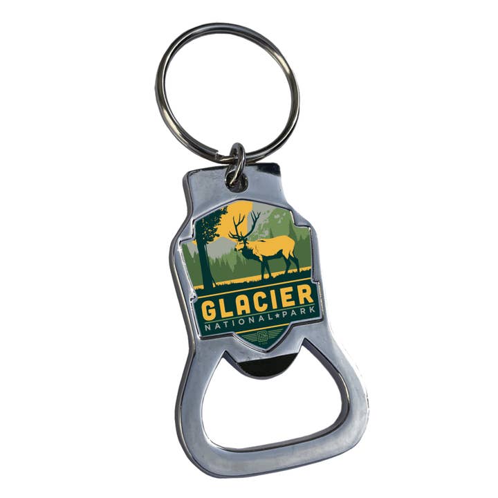 Glacier NP Elk Emblem Bottle Opener Key Ring for wholesale by Tourist Courts