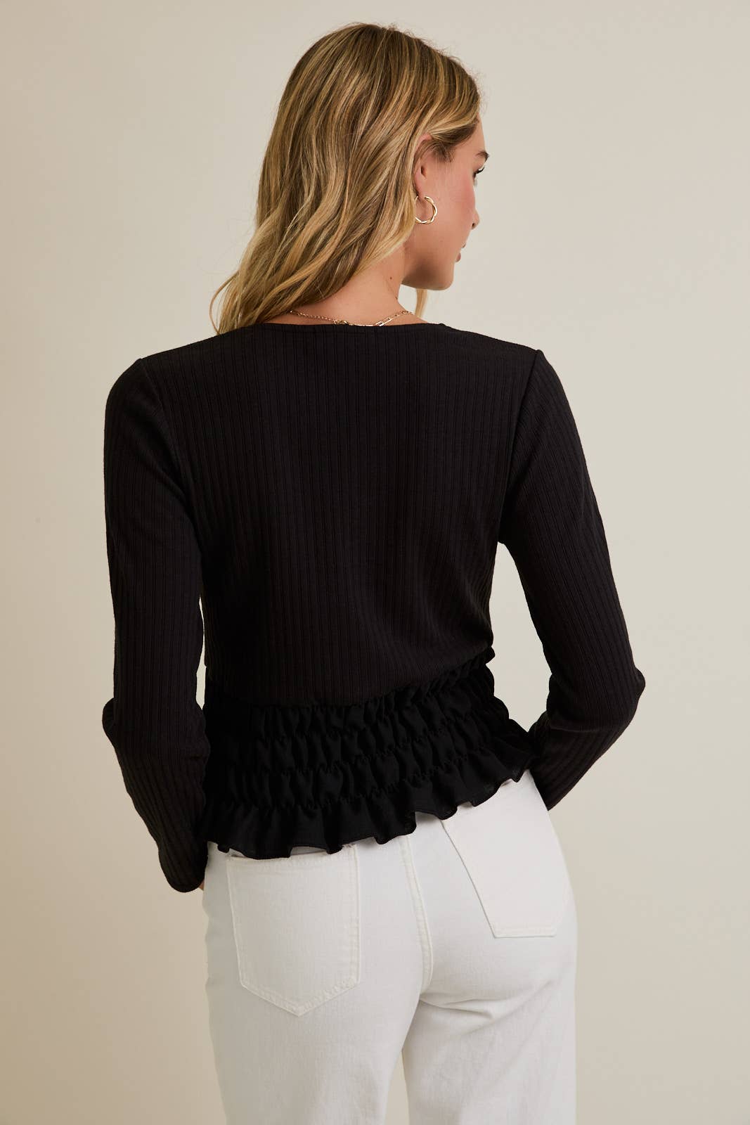 Black V-NECK FRONT TIE LONG SLEEVE TOP for wholesale on Faire2